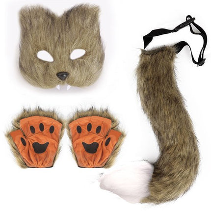 3-Piece Fox Costume Accessory Set – Fluffy Mask, Tail and Gloves – Suitable for Parties & Carnival （Brown）.