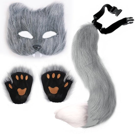 3-Piece Fox Costume Accessory Set – Fluffy Mask, Tail and Gloves – Suitable for Parties & Carnival （Grey）.