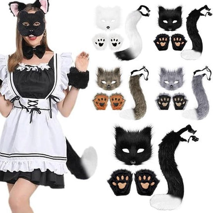3-Piece Fox Costume Accessory Set – Fluffy Mask, Tail and Gloves – Suitable for Parties & Carnival （Grey）.