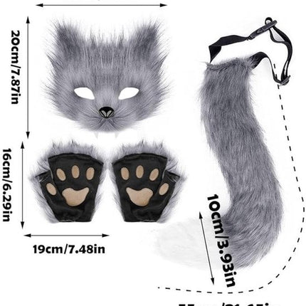 3-Piece Fox Costume Accessory Set – Fluffy Mask, Tail and Gloves – Suitable for Parties & Carnival （Grey）.