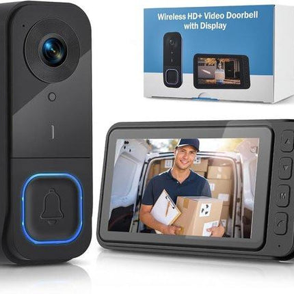Wireless Doorbell with Camera - 1080P Image & 4.5 Inch Screen - No WiFi Required - Range Up to 120m - Night Vision.