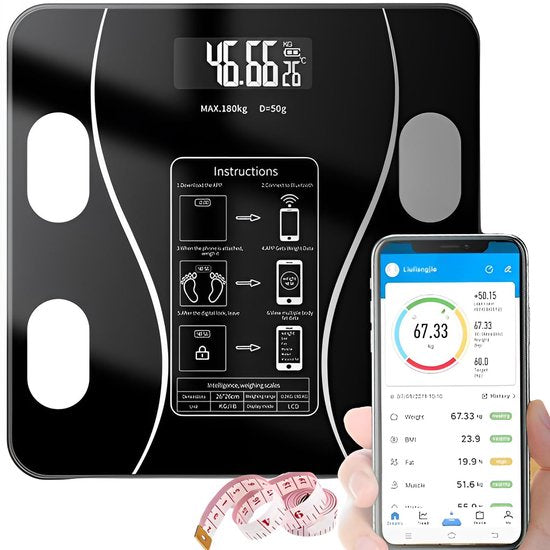 Smart Scale with Body Analysis - Measures BMI, Fat & Muscle Mass - USB Rechargeable - Up to 180 kg - Black.