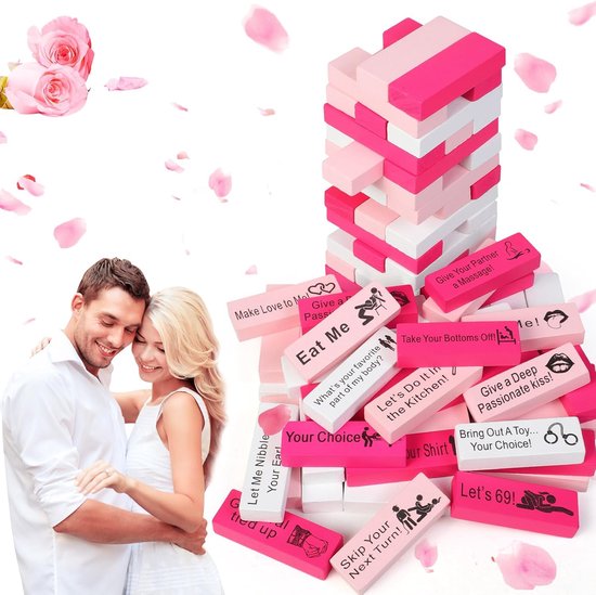 Block Tower Jenga Game - Jenga for Couples - Valentine's Day Tumbling Tower Jenga Game - Party Favor for an Adult Couples Night Out - Pink.