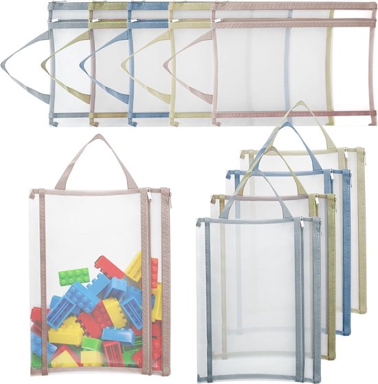 Storage Bags - Set of 10 - Colorful Double-Layer Mesh Bags with Zipper - Organize and Store Building Blocks and Toys - Breathable and Transparent A4 Bags - With Handles - Suitable for School, Office and Game Storage.