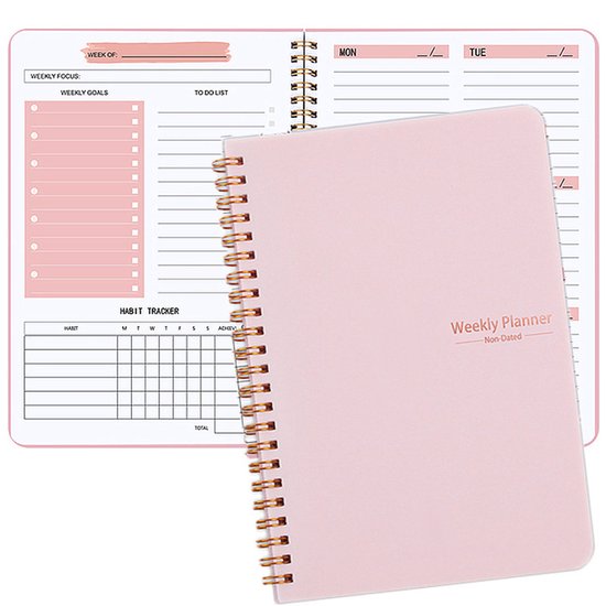 Weekly planner - Notebook for weekly to-do list - With goals and habit tracker - A5 format - Spiral binding - Unisex (Pink, Type A).