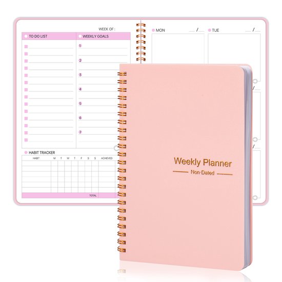 Weekly planner - Notebook for weekly to-do list - With goals and habit tracker - A5 format - Spiral binding - Unisex (Pink, Type B).