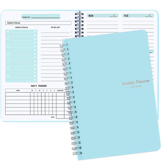 Weekly planner - Notebook for weekly to-do list - With goals and habit tracker - A5 format - Spiral binding - Unisex (Blue, Type A).