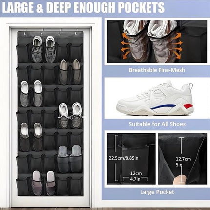 Shoe rack with 24 compartments - Made of sturdy and durable Oxford cloth - Can be hung on a door - Suitable for wardrobes with mesh walls - Black.