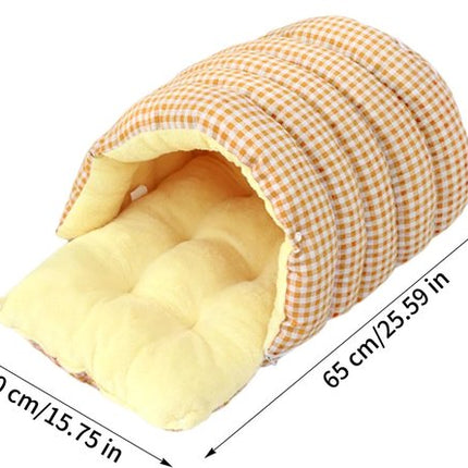 Cat House - Cat Basket - Plush and Warm - Removable and Washable - Closed Cat Bed for Winter - Suitable for Indoor and Outdoor Use in Winter, Camping, Travel, Bedroom, Living Room - Orange and White Checkered Pattern.