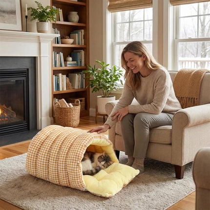 Cat House - Cat Basket - Plush and Warm - Removable and Washable - Closed Cat Bed for Winter - Suitable for Indoor and Outdoor Use in Winter, Camping, Travel, Bedroom, Living Room - Orange and White Checkered Pattern.