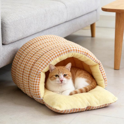 Cat House - Cat Basket - Plush and Warm - Removable and Washable - Closed Cat Bed for Winter - Suitable for Indoor and Outdoor Use in Winter, Camping, Travel, Bedroom, Living Room - Orange and White Checkered Pattern.
