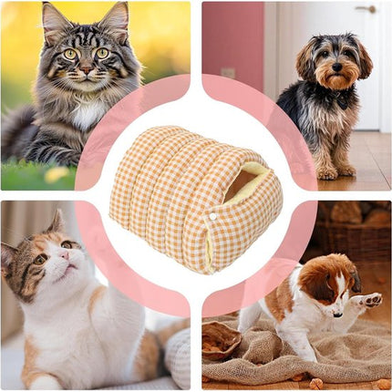 Cat House - Cat Basket - Plush and Warm - Removable and Washable - Closed Cat Bed for Winter - Suitable for Indoor and Outdoor Use in Winter, Camping, Travel, Bedroom, Living Room - Orange and White Checkered Pattern.