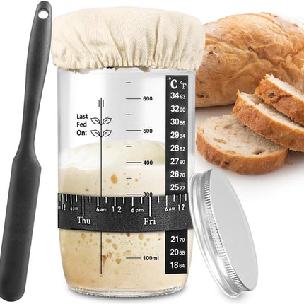 1000ml Sourdough Fermentation Jar in a Glass Jar | Includes stirring spoon, measuring cup, and fabric cover - for dough, bread baking, and sourdough fermentation.