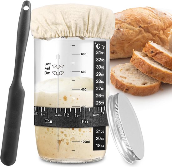 1000ml Sourdough Fermentation Jar in a Glass Jar | Includes stirring spoon, measuring cup, and fabric cover - for dough, bread baking, and sourdough fermentation.