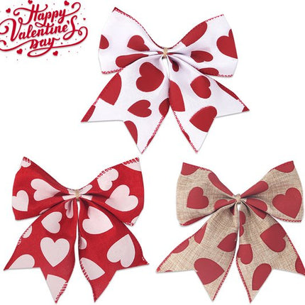 Valentine's Day Decorations - Heart Print Bows - Set of 3 - Wedding Gift Accessories - Handmade Linen Heart Bows.
