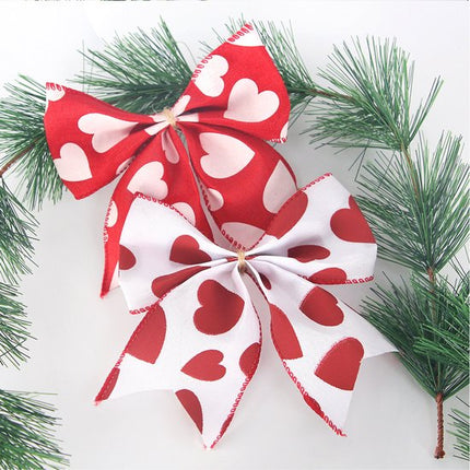 Valentine's Day Decorations - Heart Print Bows - Set of 3 - Wedding Gift Accessories - Handmade Linen Heart Bows.