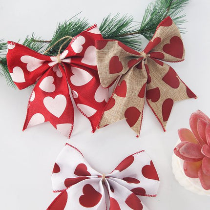 Valentine's Day Decorations - Heart Print Bows - Set of 3 - Wedding Gift Accessories - Handmade Linen Heart Bows.