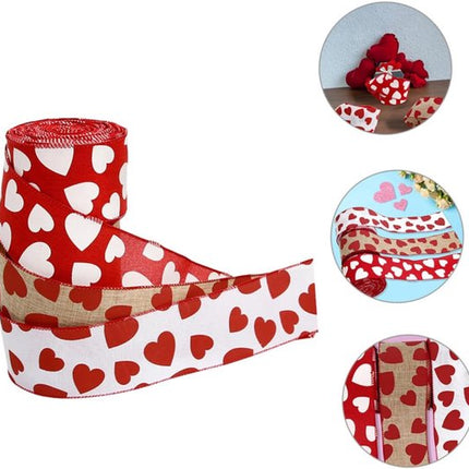 Valentine's Day Ribbons - 3 Rolls - Handmade Ribbons - Heart Pattern - Natural Texture - Suitable for wrapping flowers and party decorations （2m）.