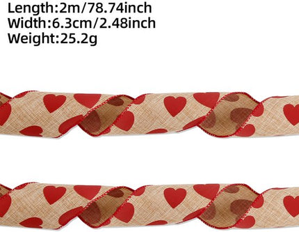 Valentine's Day Ribbons - 3 Rolls - Handmade Ribbons - Heart Pattern - Natural Texture - Suitable for wrapping flowers and party decorations （2m）.