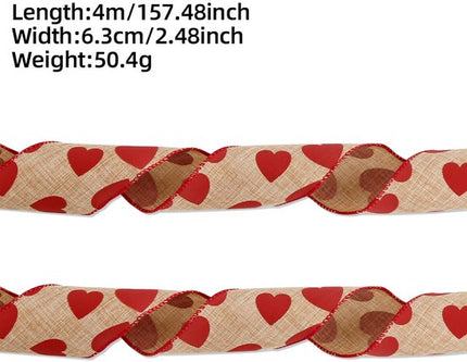 Valentine's Day Ribbons - 3 Rolls - Handmade Ribbons - Heart Pattern - Natural Texture - Suitable for wrapping flowers and party decorations （4m）.