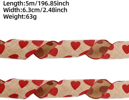 Valentine's Day Ribbons - 3 Rolls - Handmade Ribbons - Heart Pattern - Natural Texture - Suitable for Wrapping Flowers and Party Decorations （5m）.