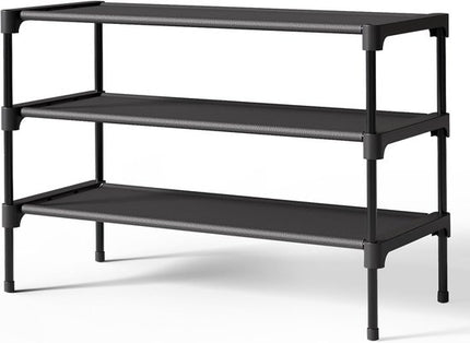 Shoe Rack - 3-Tier Storage Rack - Stackable - 27.5 Inch Wide - Black.
