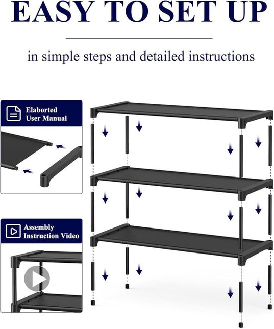Shoe Rack - 3-Tier Storage Rack - Stackable - 27.5 Inch Wide - Black.