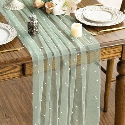 Light Green Table Veil with White Pearls - Silky Gauze 30x120 Inches - For Weddings, Parties & Table Decorations.