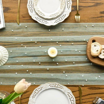 Light Green Table Veil with White Pearls - Silky Gauze 30x120 Inches - For Weddings, Parties & Table Decorations.
