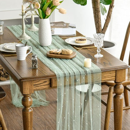 Light Green Table Veil with White Pearls - Silky Gauze 30x120 Inches - For Weddings, Parties & Table Decorations.