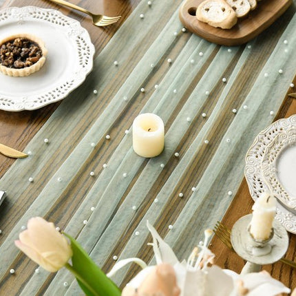 Light Green Table Veil with White Pearls - Silky Gauze 30x120 Inches - For Weddings, Parties & Table Decorations.
