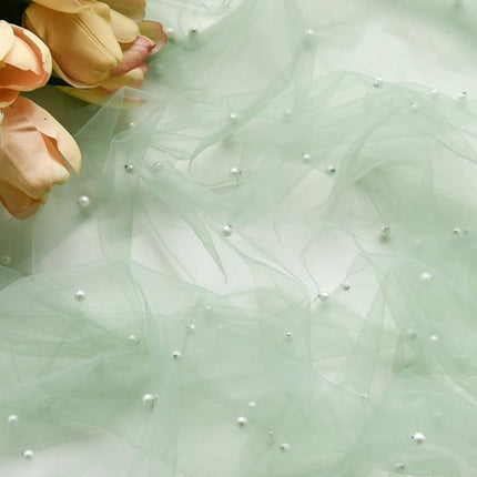 Light Green Table Veil with White Pearls - Silky Gauze 30x120 Inches - For Weddings, Parties & Table Decorations.