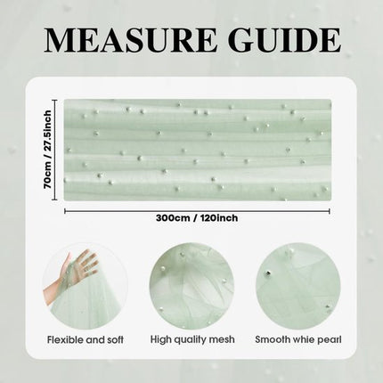 Light Green Table Veil with White Pearls - Silky Gauze 30x120 Inches - For Weddings, Parties & Table Decorations.