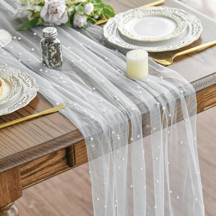 White Table Veil with White Pearls - Silky Gauze 30x120 Inches - For Weddings, Parties & Table Decorations.