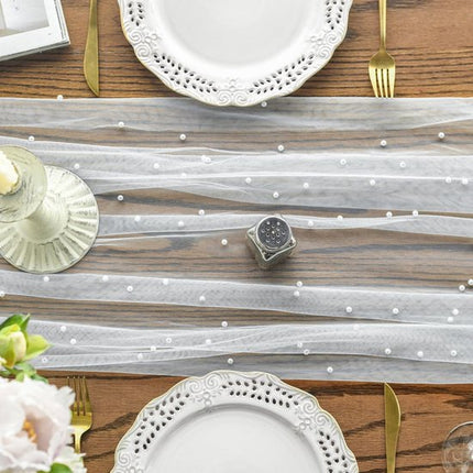 White Table Veil with White Pearls - Silky Gauze 30x120 Inches - For Weddings, Parties & Table Decorations.