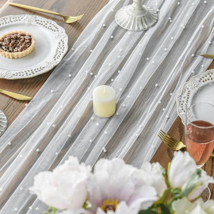 White Table Veil with White Pearls - Silky Gauze 30x120 Inches - For Weddings, Parties & Table Decorations.