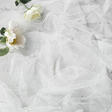 White Table Veil with White Pearls - Silky Gauze 30x120 Inches - For Weddings, Parties & Table Decorations.