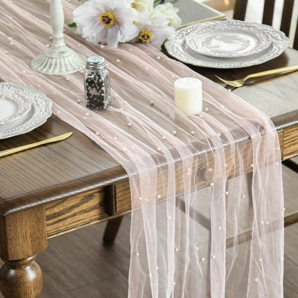 Pink Table Veil with White Pearls - Silky Gauze 30x120 Inches - For Weddings, Parties & Table Decorations.