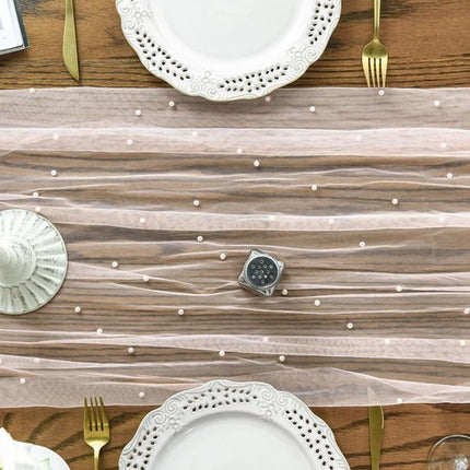 Pink Table Veil with White Pearls - Silky Gauze 30x120 Inches - For Weddings, Parties & Table Decorations.