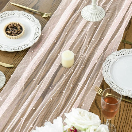Pink Table Veil with White Pearls - Silky Gauze 30x120 Inches - For Weddings, Parties & Table Decorations.