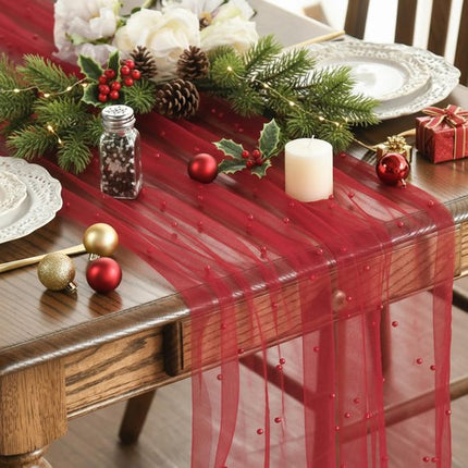 Red Table Veil with White Pearls - Silky Gauze 30x120 Inches - For Weddings, Parties & Table Decorations.