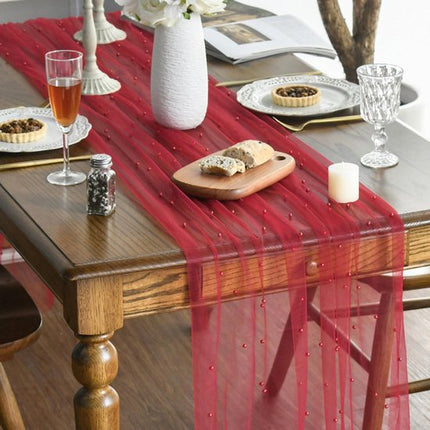 Red Table Veil with White Pearls - Silky Gauze 30x120 Inches - For Weddings, Parties & Table Decorations.
