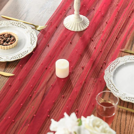 Red Table Veil with White Pearls - Silky Gauze 30x120 Inches - For Weddings, Parties & Table Decorations.