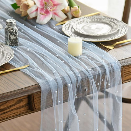 Light Blue Table Veil with White Pearls - Silky Gauze 30x120 Inches - For Weddings, Parties & Table Decorations.