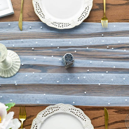 Light Blue Table Veil with White Pearls - Silky Gauze 30x120 Inches - For Weddings, Parties & Table Decorations.