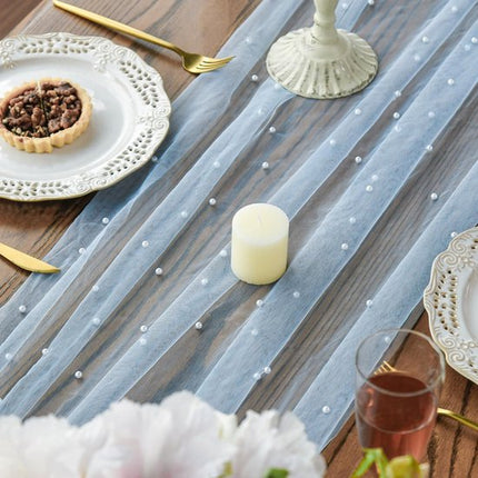 Light Blue Table Veil with White Pearls - Silky Gauze 30x120 Inches - For Weddings, Parties & Table Decorations.