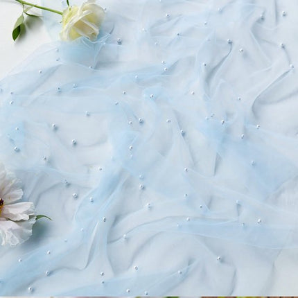 Light Blue Table Veil with White Pearls - Silky Gauze 30x120 Inches - For Weddings, Parties & Table Decorations.