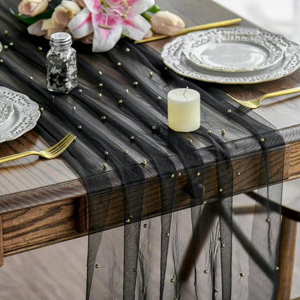Black Table Veil with White Pearls - Silky Gauze 30x120 Inches - For Weddings, Parties & Table Decorations.