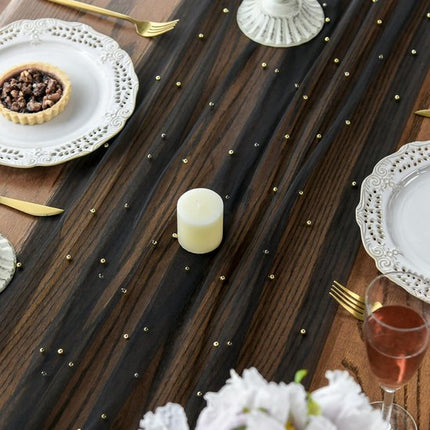Black Table Veil with White Pearls - Silky Gauze 30x120 Inches - For Weddings, Parties & Table Decorations.