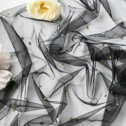 Black Table Veil with White Pearls - Silky Gauze 30x120 Inches - For Weddings, Parties & Table Decorations.